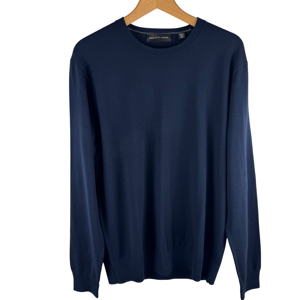 Saks Fifth Avenue Crew Neck Sweater Mens XL‎ Long Sleeve Wool Blend Navy Blue